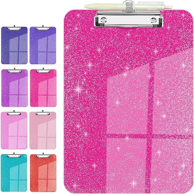 Sparkly Clipboard with Pen Holder, Clear Plastic Glitter Clip Board, Hanging Shiny Clipboards with Low Profile Metal Clip, Letter A4 Size for Taecher Women Office School (Rose Red)