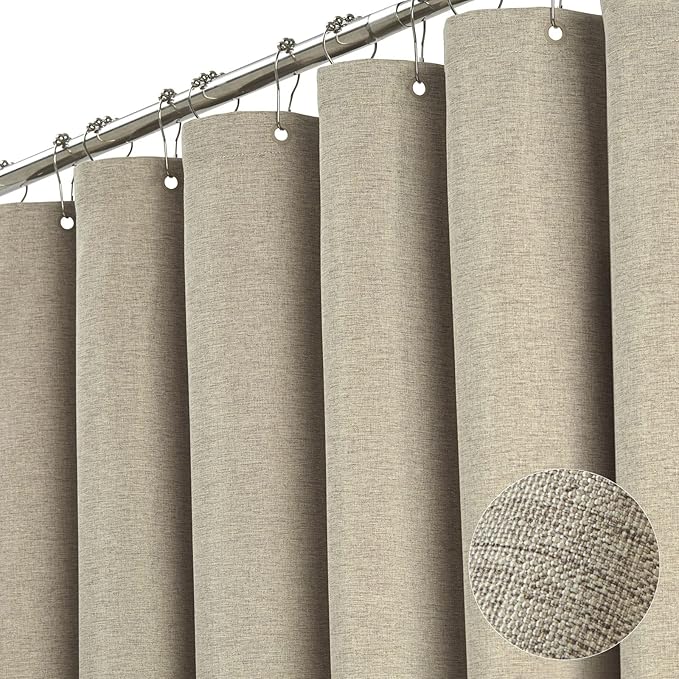 BTTN Extra Wide Shower Curtain - 108 x 72 Inch Linen Textured Waterproof Fabric Shower Curtain Set with 18 Plastic Hooks, Large Modern Farmhouse Cloth Bathtub Shower Curtains for Bathroom - Khaki/Tan