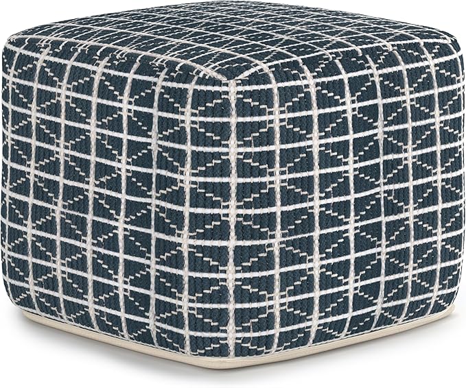 SIMPLIHOME Noreen Boho Square Pouf in Dark Blue and White Handloom Woven Pattern for the Living Room, Bedroom and Kids Room