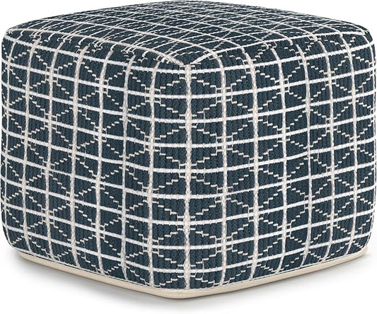 SIMPLIHOME Noreen Boho Square Pouf in Dark Blue and White Handloom Woven Pattern for the Living Room, Bedroom and Kids Room