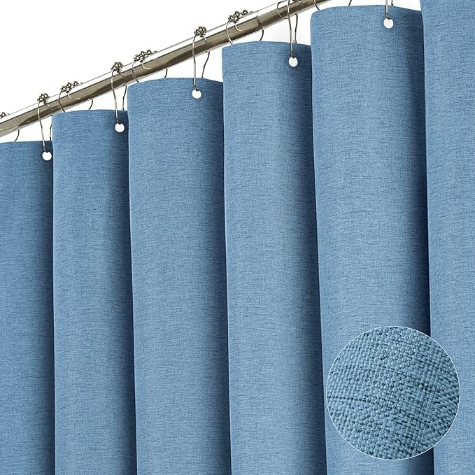 BTTN Extra Long Shower Curtain - 84 Inch Blue Linen Textured Heavy Duty Fabric Shower Curtain Set with 12 Hooks, Tall Luxury Simple Waterproof Cloth Shower Curtains for Bathroom, 72x84, Moonlight Blue