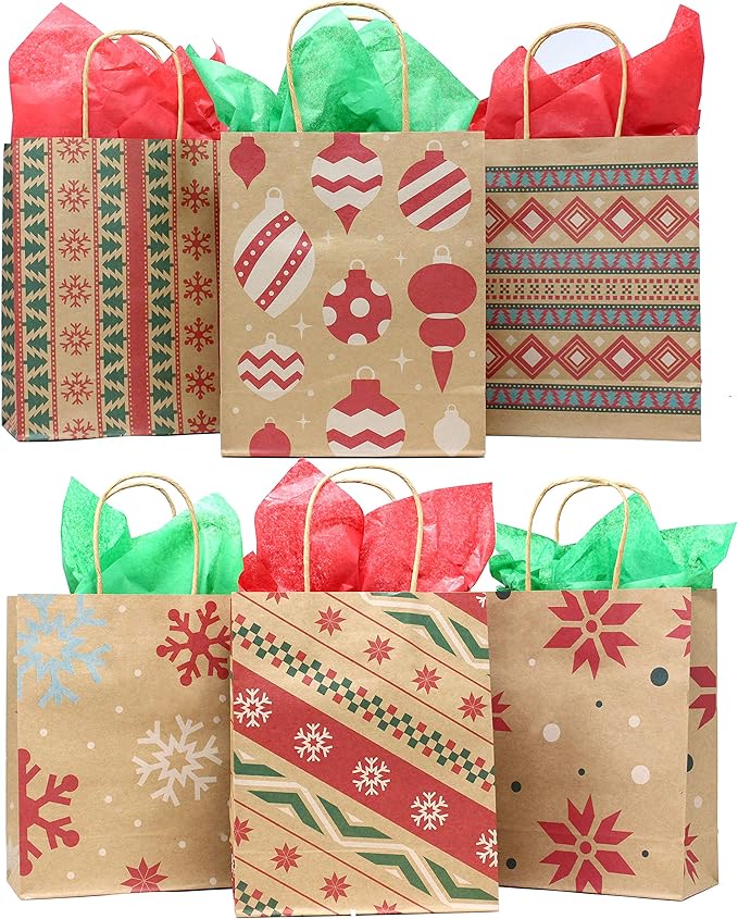 JOYIN 24 PCS Christmas Kraft Gift Bags for Present Wrapping, Holiday Paper Goody Gift Treat Candy Bags for Xmas Decor Supplies Classrooms Wedding and Party Favors (9" x 7.3" x 3.3")