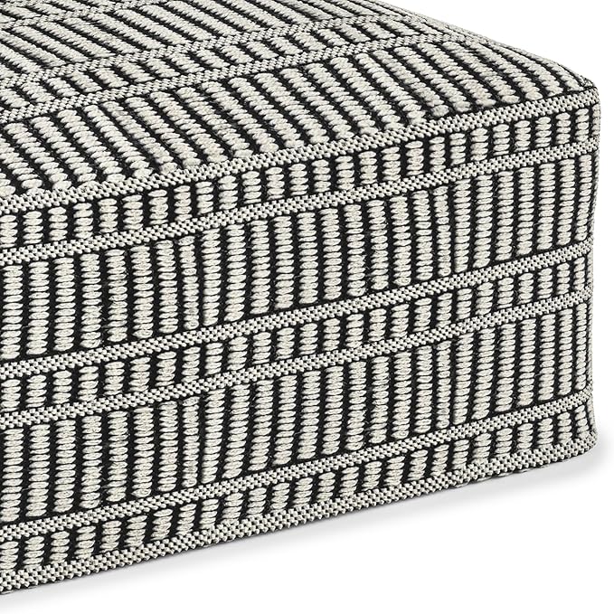 SIMPLIHOME Safford Square Pouf - 20 inch Wide Upholstered PET Polyester Ottoman in Black and White, Boho Indoor/Outdoor Footstool or Extra Seating for Living Room, Bedroom, or Patio, Assembled
