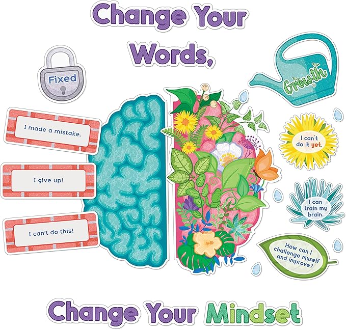 Carson Dellosa Education 47 pc Bloom With a Growth Mindset Bulletin Board Set, Motivational Poster, Plant Cutouts, 2-Piece Brain With Affirmation Cards, Calm Down Corner Supplies and Classroom Decor