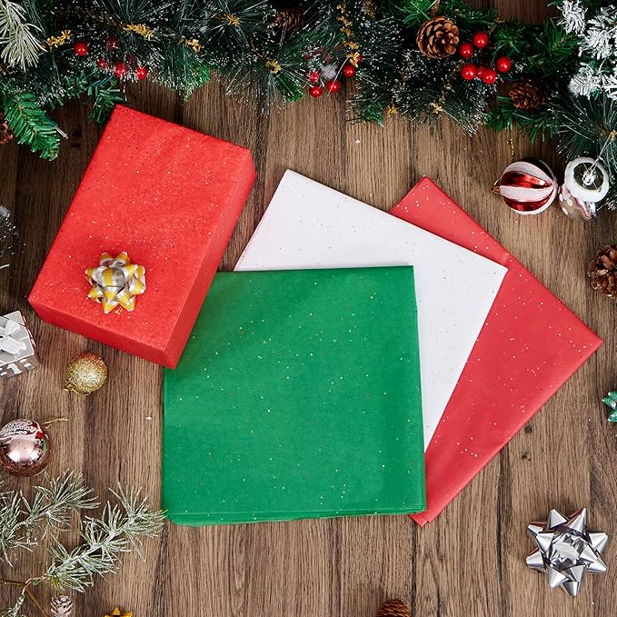 JOYIN 72 Sheets Glitter Tissue Paper for Gift Bags, Red Green White Tissue Paper for Gift Wrapping Supplies, 20" x 20" Christmas Wrapping Paper for Gift Wrap DIY Craft Decorations