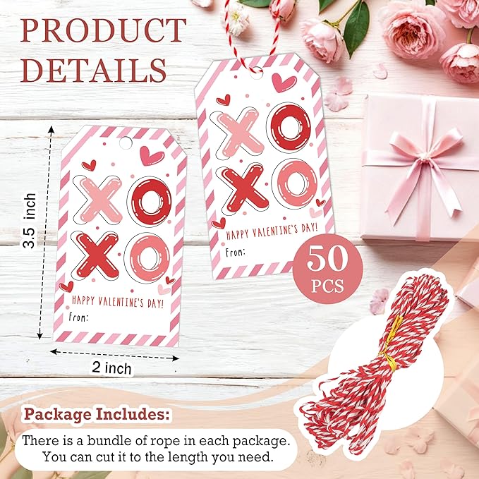 50Pcs Happy Valentines Tags for Bags, XOXO Valentine Gift Label with String, Sweet Themed Party or Valentine' Day Thank You Gift Tags Great for Party Favors
