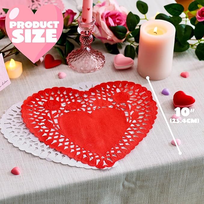 JOYIN 102 PCS 10" Valentines Day Heart Doilies, Tableware Decoration, Home Activitie, Kitchen Disposable Table Crafts, Red White Pink Green Heart Doilies