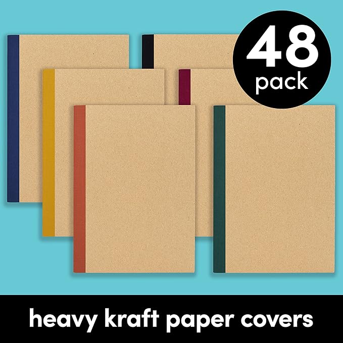PAPERAGE 48-Pack Composition Notebook Journals, 120 Pages, Kraft Cover with Jewel Tone Spines, College Ruled Lined Paper, Small Size (8 in x 5.75 in) – for Home, Office or School Supplies