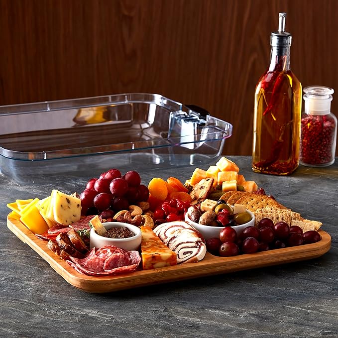 Farberware Build-A-Board Bamboo Cutting Board with Built-In Compartments & Clear Locking Lid,Black Handles – Charcuterie,Snack Tray,Food Prep and Serving Platter,(Pack of 2)