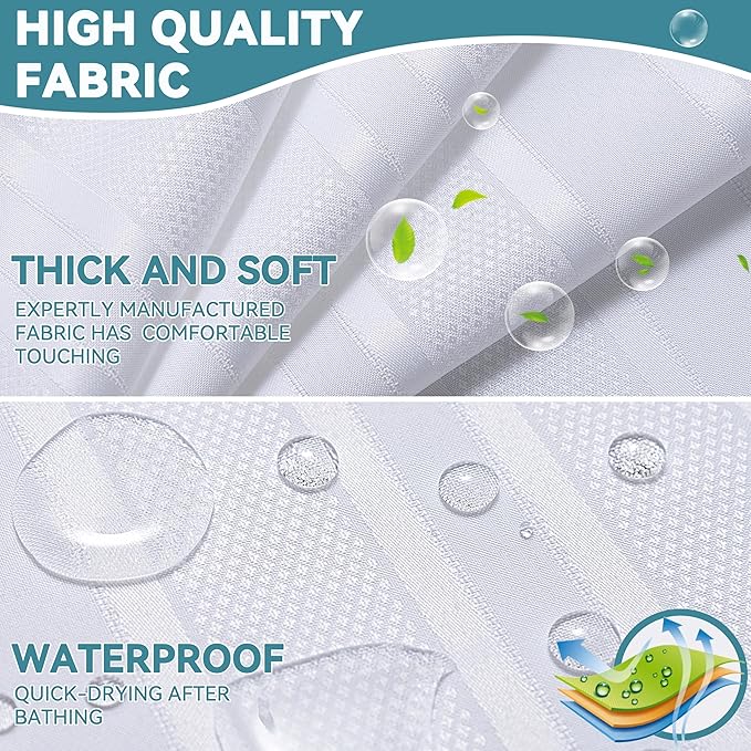 Conbo Mio Extra Long No Hook Waffle Weave Shower Curtain with Snap in Liner Set, Hotel Luxury White Shower Curtains for Bathroom with See Through Top Window, Waterproof, Washable 71W x 84H Stripe