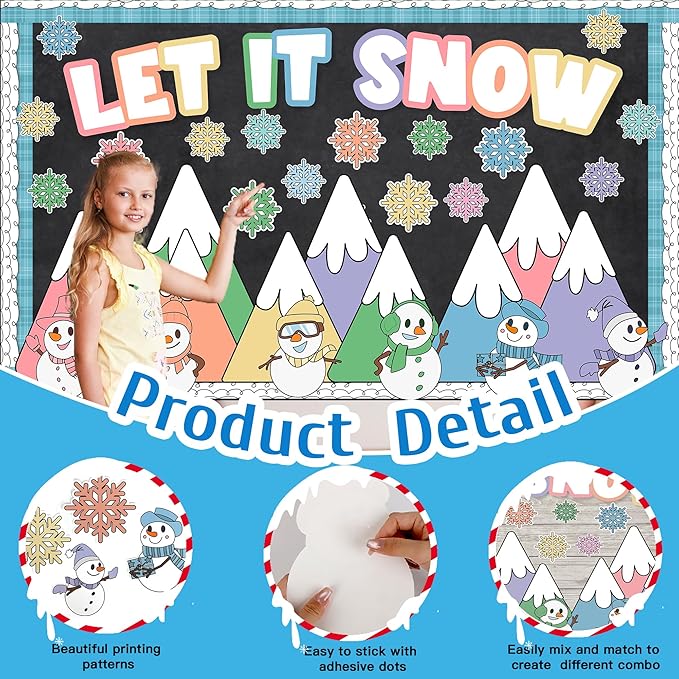 Winter Bulletin Board Decoration Let It Snow Bulletin Board Set Pastel Mountains Snowman Snowflake Cutouts Classroom Decoration for School Chalkboard Wall Door Holiday Christmas Xmas Supplies