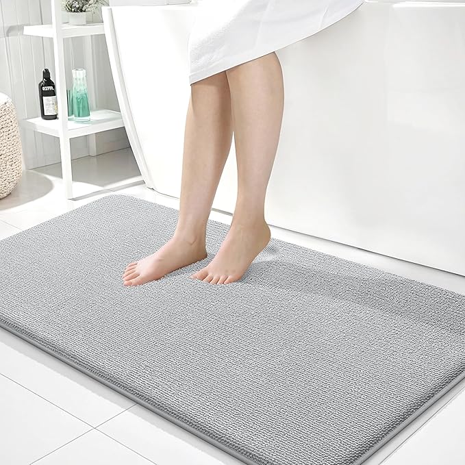 OLANLY Thick Memory Foam Bath Mat Rug 44x24, Extra Soft Absorbent Bathroom Rug, Quick Dry Bath Mats, Non-Slip, Machine Washable Carpet for Bathroom, Tub and Shower, Home Decor Accessories, Light Grey