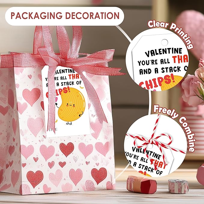 Friend-chip Valentines Tags, 50Pcs Valentines Gift Label with String, Hanging Paper Gift Label for Wrapping Treat Bag, Idea Valentine's Activity School Classroom Party Favors