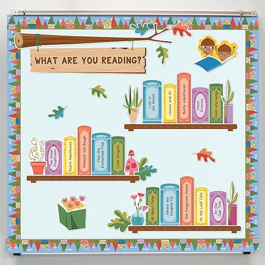 Carson Dellosa What are You Reading 68-Piece Prepunched Bulletin Board Set, Dry-Erase Book Accents, Highlight Classroom Reads, Fairy Tale Forest Theme Decorations for Homeschool and Classroom Decor
