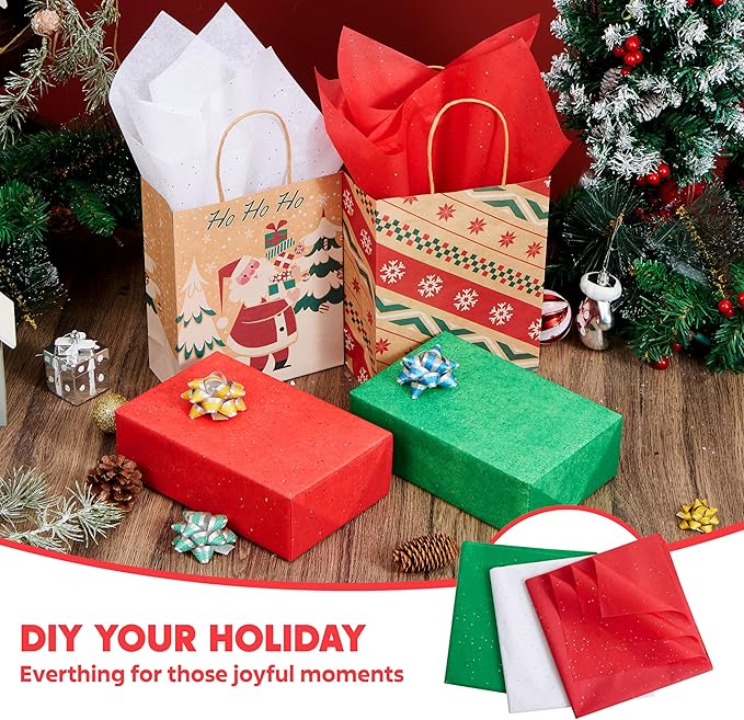 JOYIN 72 Sheets Glitter Tissue Paper for Gift Bags, Red Green White Tissue Paper for Gift Wrapping Supplies, 20" x 20" Christmas Wrapping Paper for Gift Wrap DIY Craft Decorations