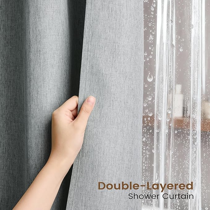 BTTN Grey 3 in 1 Shower Curtain Set, Linen Textured Fabric Shower Curtain and Clear Liner Set with Plastic Hook, Modern Hotel Luxury Weighted Waterproof Shower Curtain for Bathroom, Gray, 72x72