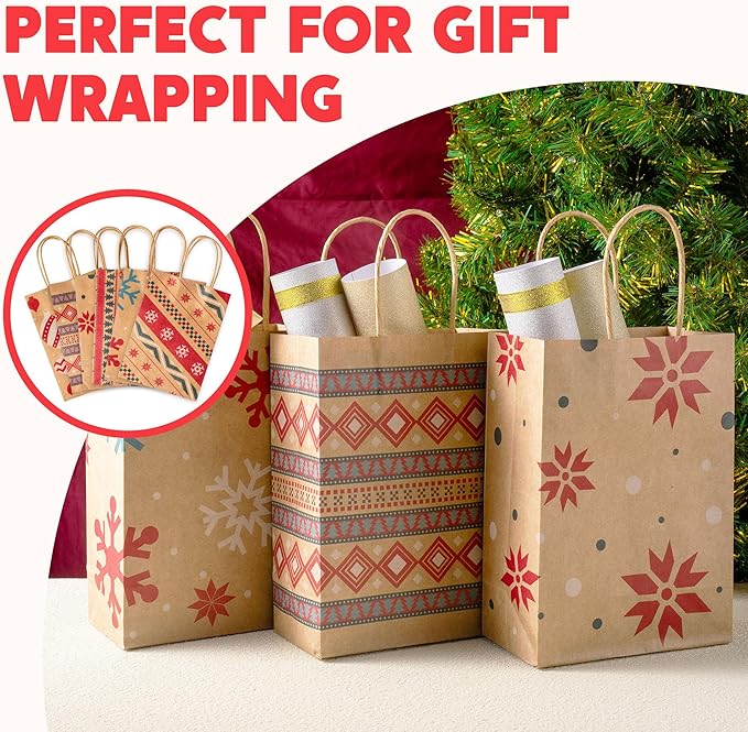 JOYIN 24 PCS Christmas Kraft Gift Bags Xmas Paper Goody Wrap Bags with Durable Handles and Non-Breaking Bottoms for Holidays, Birthdays, Classrooms and Party Favors (8.27 x 5.91 x 3.15)