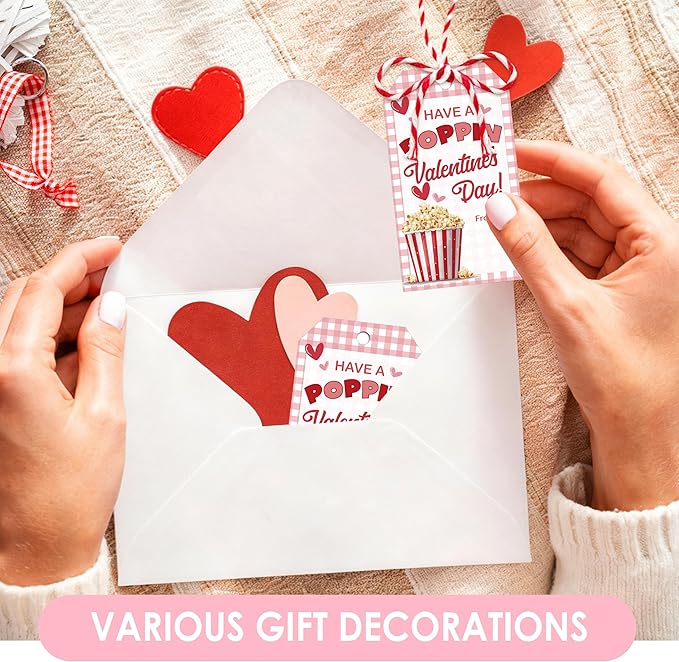 Have A Poppin Valentines Day Sticker Label, 50 Pcs Valentine Gift Tags with String, Gift Tag Paper Tags Labels Idea Valentines Activity School Classroom Party Favors-Pink Plaid