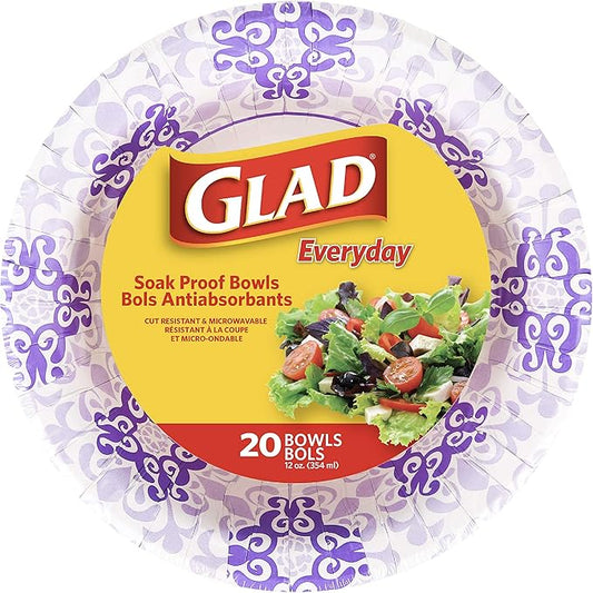 Glad Round Disposable Paper Bowls, Purple Victorian Design - Heavy Duty, Soak Proof, Cut-Resistant, Microwavable Bowl for All Foods & Daily Use, 12 Oz, 20 Count