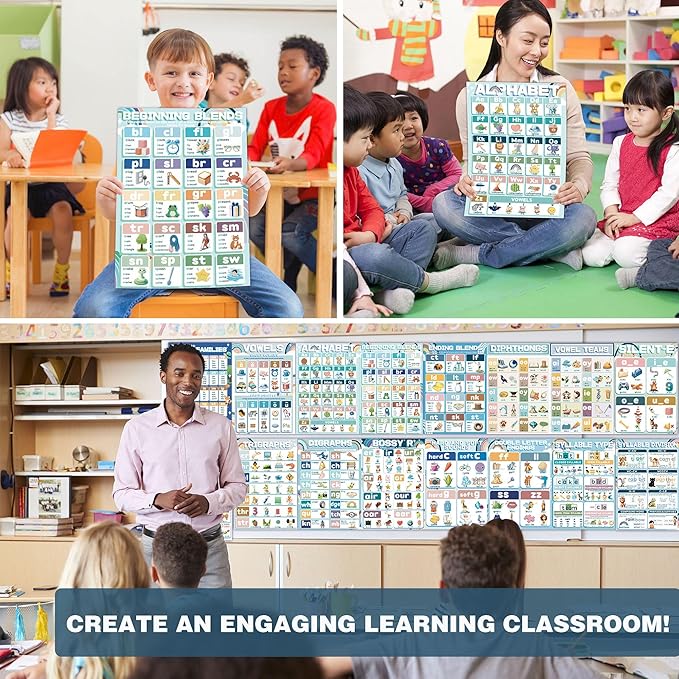 YIYDONG 16 Phonics Posters for Classroom - Learning Posters for Sound Wall Phonics Digraphs Blends Syllable Types Vowel Sounds Poster for Kindergarten, Elementary, Homeschool Supplies (Boho)