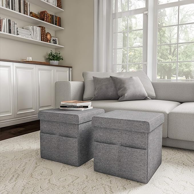 Set of 2 Ottomans with Storage Pockets - 15-Inch Folding Foot Rests or Storage Organizers for Bedroom, Living Room, or Dorm by Lavish Home (Gray)
