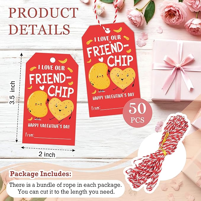 50Pcs Friend-chip Valentines Tags, Valentines Thank You Gift Label with String, Hanging Paper Gift Label for Wrapping Treat Bag, Idea Valentine's Activity School Classroom Party Favors