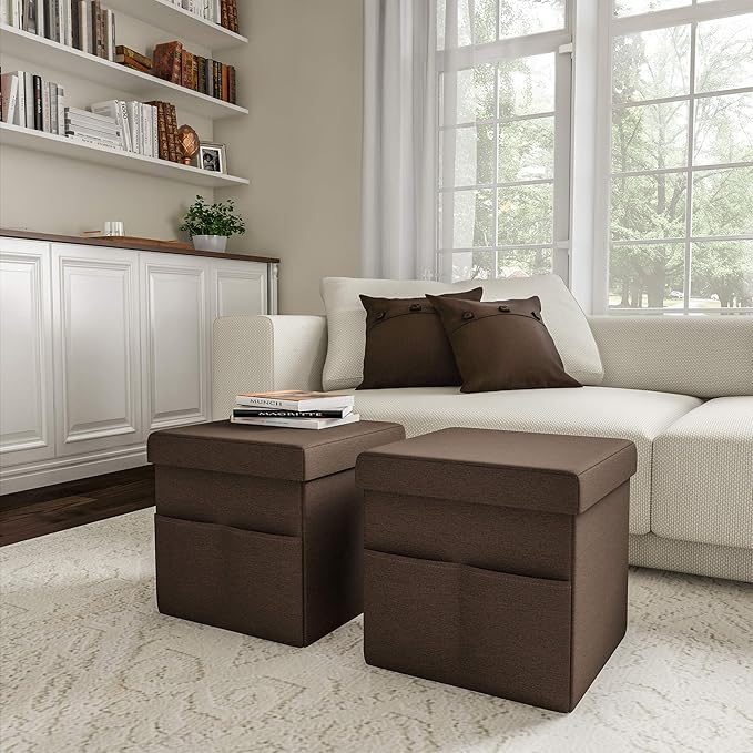 Set of 2 Ottomans with Storage Pockets - 15-Inch Folding Foot Rests or Storage Organizers for Bedroom, Living Room, or Dorm by Lavish Home (Brown)
