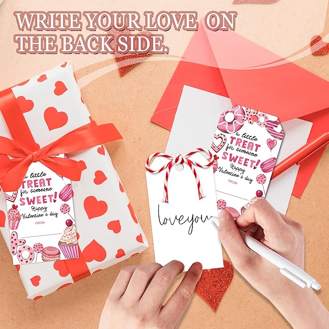 Valentines Day Gift Sticker Tags - 50Pcs A Little Treat Happy Valentine Tags with String, Gift Label Idea Valentines Activity School Classroom Party Favors-Pink