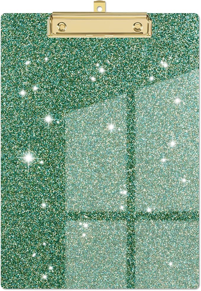 Piasoenc Acrylic Clipboards, Fashion Glitter Clip Board with Low Profile Gold Clip, Designed for Classroom School and Office Use, A4 Letter Size 9 x 12.5 in,Green