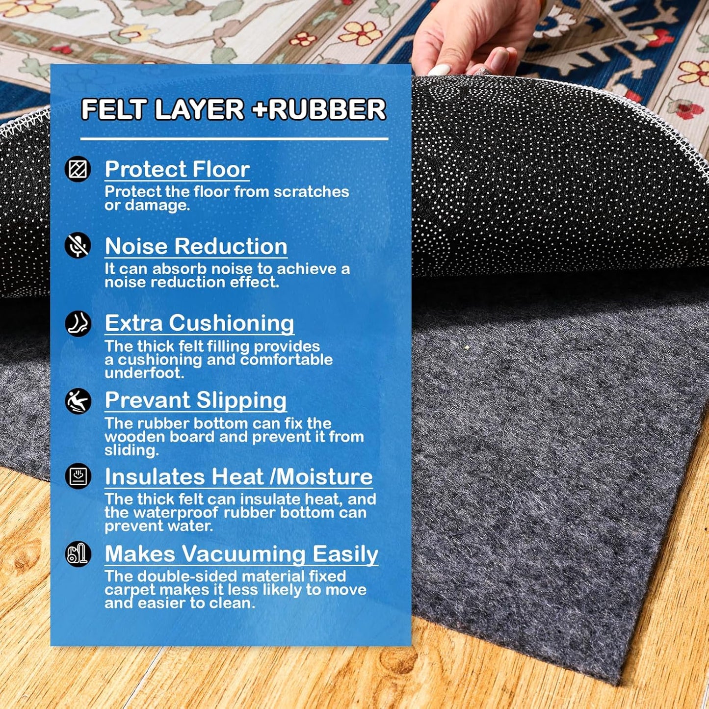 Non-Slip Rug Pads 1/4” Thick, 4x6Ft Waterproof Rugs Non Skid Rug Pad for All Floors and Finishes Durable Hardwood Floor Protective Felt Keeps Rugs in Place, Safe and Secure