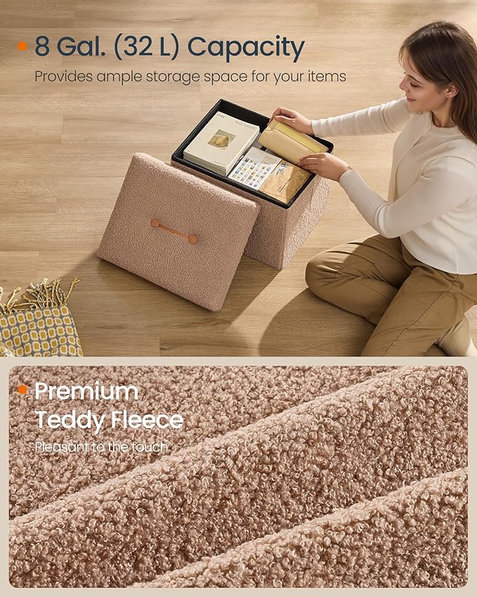 SONGMICS Small Folding Storage Ottoman, Foot Rest Stool, 12.2 x 16.1 x 12.2 Inches, Ottoman with Storage, Load up to 286 lb, for Living Room, Bedroom, Dorm, Camel Brown ULSF094K01