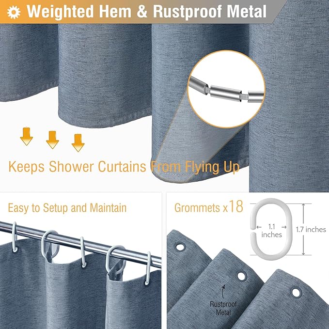 BTTN Extra Wide Shower Curtain - 108 x 72 Inch Linen Textured Waterproof Fabric Shower Curtain Set with 18 Plastic Hooks, Simple Wrap Around Cloth Shower Curtains for Bathroom and Bathtub - Blue Gray