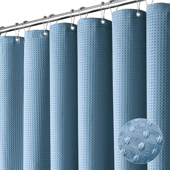 Dynamene Long Fabric Shower Curtain - 78 inch Long Waffle Weave Weighted Cloth Shower Curtains for Bathroom, Heavy Duty Hotel Spa Luxury Bath Curtain Set with 12 Plastic Hooks,72x78, Moonlight Blue