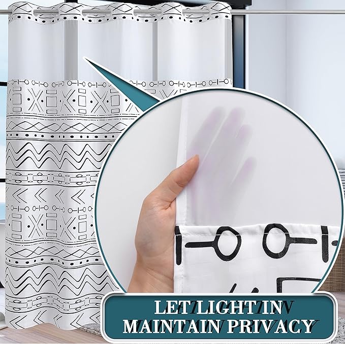 Conbo Mio Extra Long No Hook Boho Shower Curtain with Snap in Liner Set, Hotel Luxury White Shower Curtains for Bathroom with See Through Top Window, Waterproof, Washable 71W x 84H