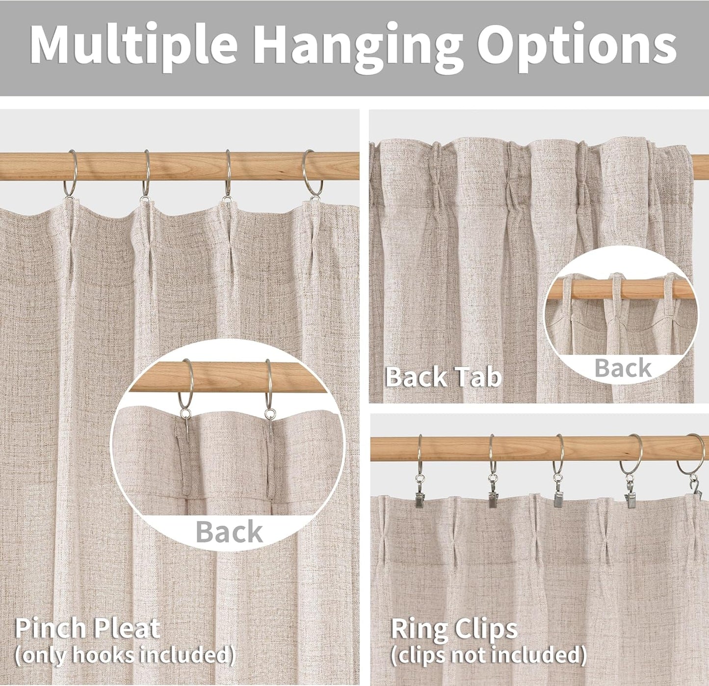 YoungsTex Pinch Pleated Linen Curtains 102 Inch Length 2 Panels Light Filtering Textured Window Drapes for Living Room Bedroom Sliding Door Back Tab, 40 X 102 Inch