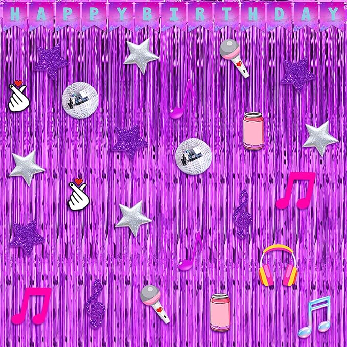 Epakh 39 Pcs Kpop Singer Disco Theme Birthday Party Decorations Includes 24 Pieces Paper Cards Decor 13 Pcs Happy Birthday Banner 2 Foil Fringe Curtain Backdrop for Photo Prop Themed Party Supplies
