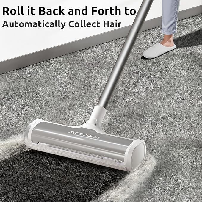 ACE2ACE Carpet Roller for Pet Hair, Carpet Pet Hair Removal Tool, Reusable Large Lint Rollers, 5 Feet Long Handle No Bending No Kneeling, Cat Dog Hair Remover for Carpet, Rugs, Mats, Couches, Gray