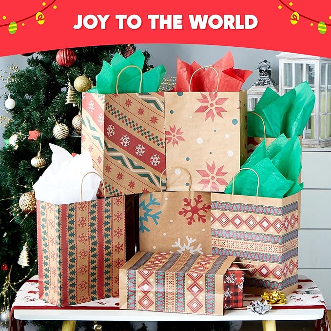 JOYIN 24 PCS Christmas Kraft Gift Bags Xmas Holiday Paper Goody Wrap Shopping Bags with Handles for Holiday Presents, Giant Gifts Decorations, Classrooms and Party Favors (10 x 13 x 5)