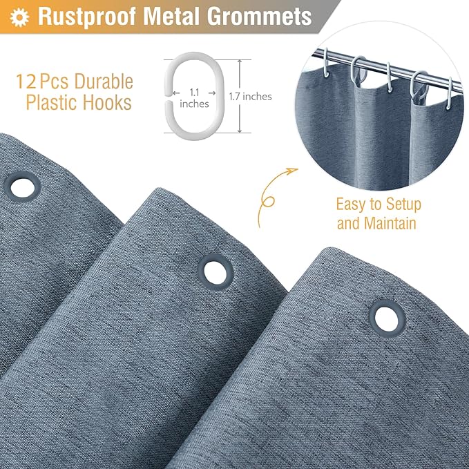 BTTN Fabric Shower Curtain, Linen Textured Heavy Duty Polyester Cloth Shower Curtain Set with Plastic Hooks, Blue Grey, 72" W x 72" L (Pack of 1)
