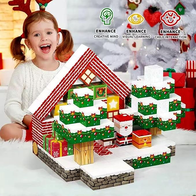 Magnetic Blocks,100 PCS Build Magnetic Santa Chimney Xmas Tree Gift World, STEM Construction Magnetic Cube for Boys Girls Age 3 4 5 6 7 8 9 10,Sensory Stacking Toy Christmas Birthday Gifts for Kids