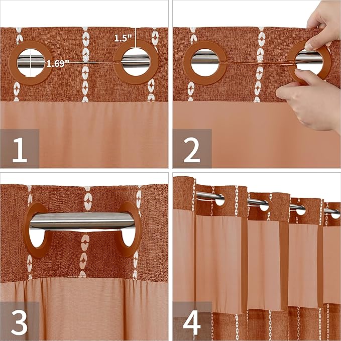 No Hook Extra Long Shower Curtain Set with Snap-in Liner,Linen Textured Thick Striped Fabric with Tassels,Boho Chic Modern Farmhouse Bathroom Curtain,Water-Repellent,Orange,71x86