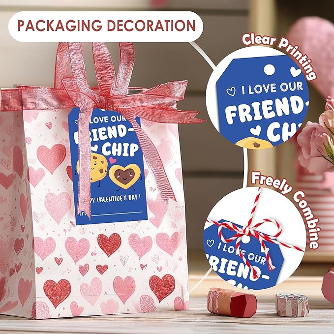 50Pcs Friend-chip Valentines Tags, Cookie Valentines Gift Label with String, Hanging Paper Gift Label for Cookie Bag, Idea Valentine's Activity School Classroom Party Favors