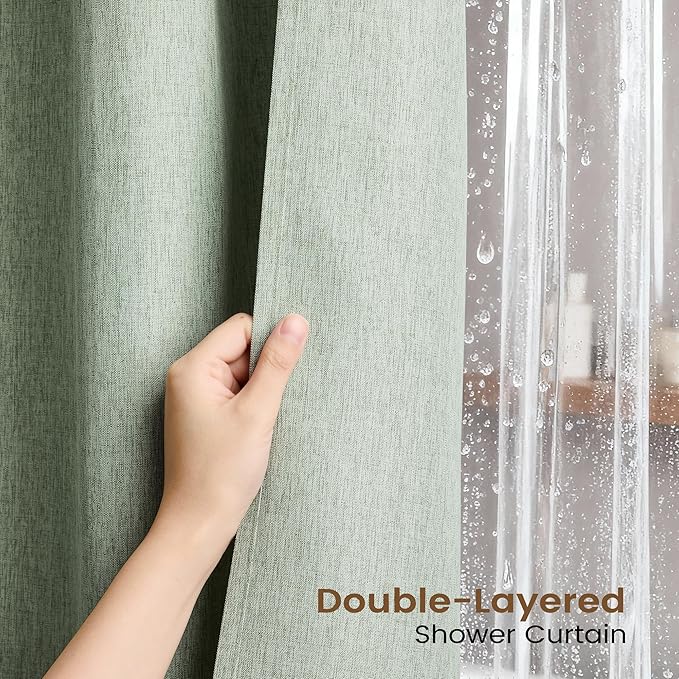 BTTN Sage Green 3 in 1 Shower Curtain Set - Linen Textured Cloth Shower Curtain and PEVA Liner with Plastic Hook and 3 Magnets, Tall Modern Neutral Waterproof Shower Curtain for Bathroom, 72x84
