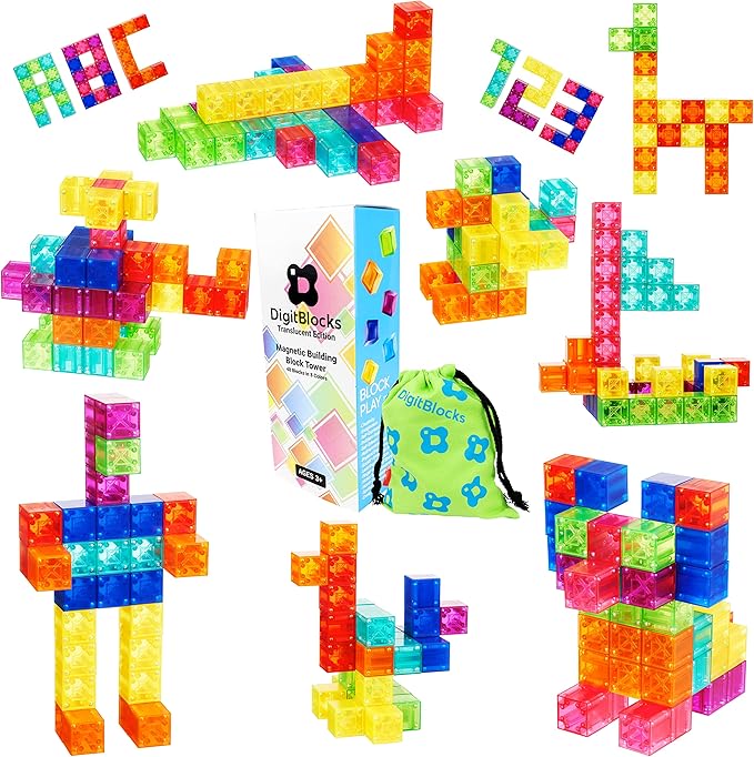 BrainSpark 48PCS Translucent Mulit-Color DigitBlocks Magnetic Building Blocks, Montessori Clear Magnet Cubes for Boys Girls Stacking Block Sets Ages 3-9