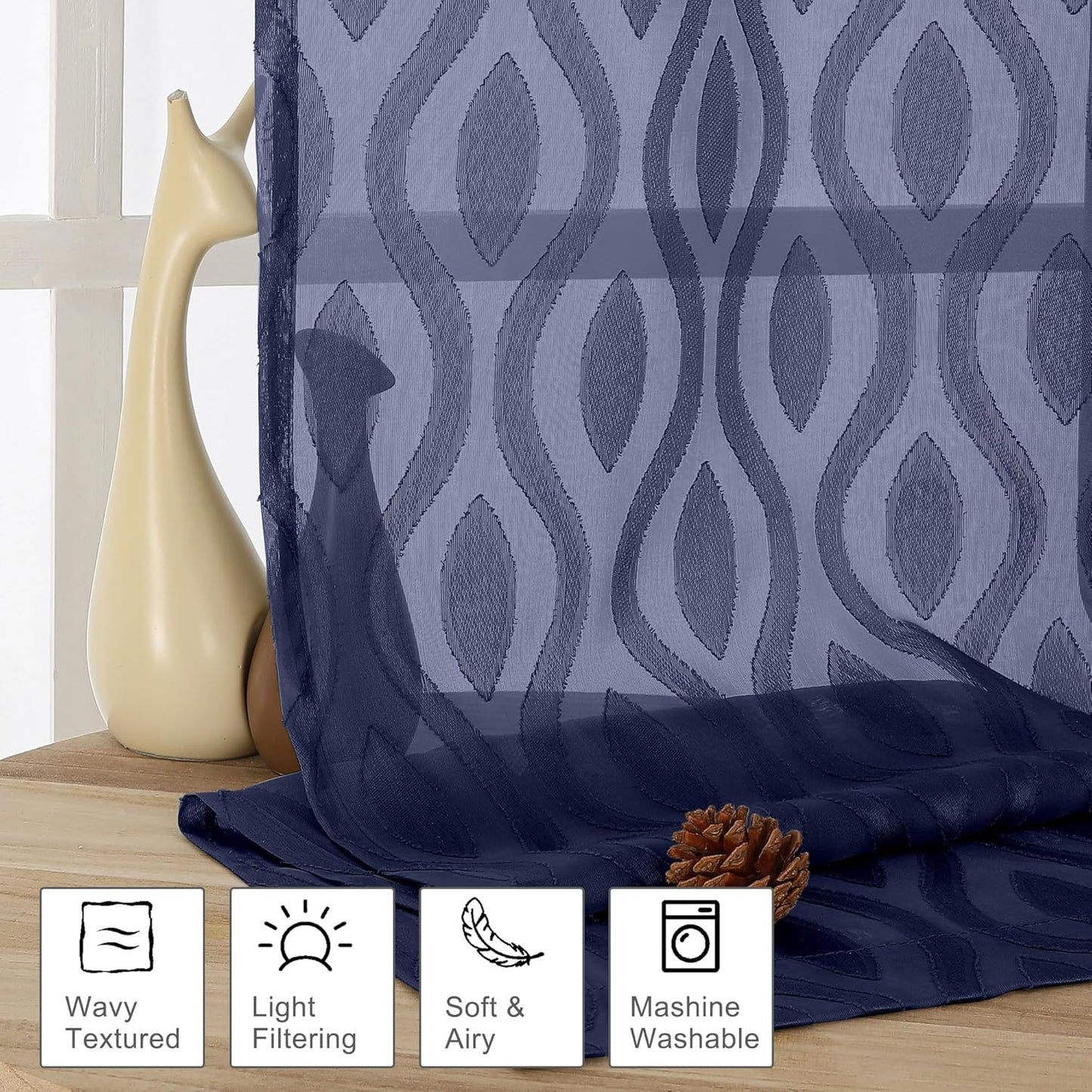 Aiyufeng Navy Blue Sheer Curtains Tiers 36 Inch Length, Light Filtering Soft Airy Wavy Line Jacquard Textured Short Curtain for Bedroom Bathroom Basement, Dual Rod Pocket, 2 Panels, 40" Wx36 L Inch