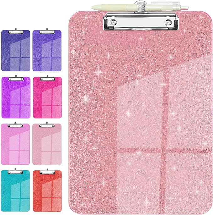 Sparkly Clipboard with Pen Holder, Clear Plastic Glitter Clip Board, Hanging Shiny Clipboards with Low Profile Metal Clip, Letter A4 Size for Taecher Women Office School (Clear Pink)
