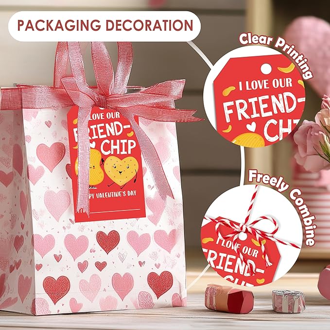 50Pcs Friend-chip Valentines Tags, Valentines Thank You Gift Label with String, Hanging Paper Gift Label for Wrapping Treat Bag, Idea Valentine's Activity School Classroom Party Favors
