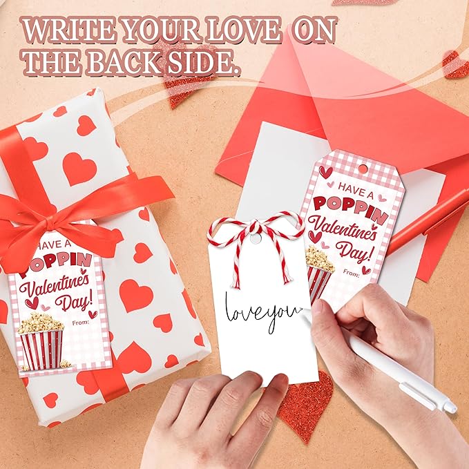 Have A Poppin Valentines Day Sticker Label, 50 Pcs Valentine Gift Tags with String, Gift Tag Paper Tags Labels Idea Valentines Activity School Classroom Party Favors-Pink Plaid
