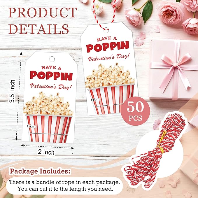 50 Pcs Have A Poppin Valentines Day Sticker Label, Valentine Gift Tags with String, Gift Tag Paper Tags Labels Idea Valentines Activity School Classroom Party Favors