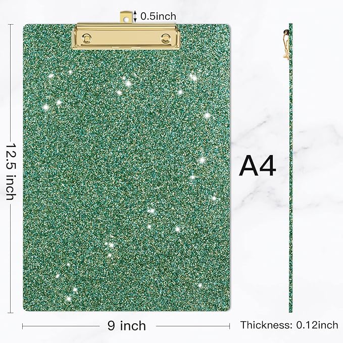 Piasoenc Acrylic Clipboards, Fashion Glitter Clip Board with Low Profile Gold Clip, Designed for Classroom School and Office Use, A4 Letter Size 9 x 12.5 in,Green